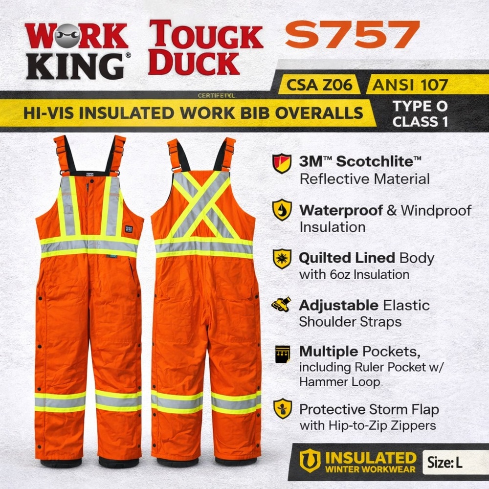Work King Tough Duck S757 Hi-Vis Insulated Bib Overall CSA ANSI Reflective Large